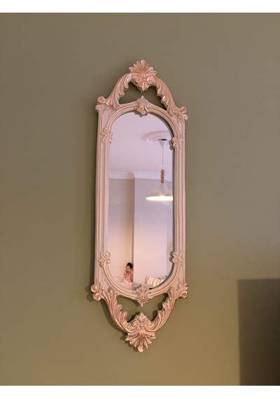 Kısa Oval Dekoratif Duvar Aynası Krem & Eskitme Altın Yaldızlı 60x20 Cm Naturel