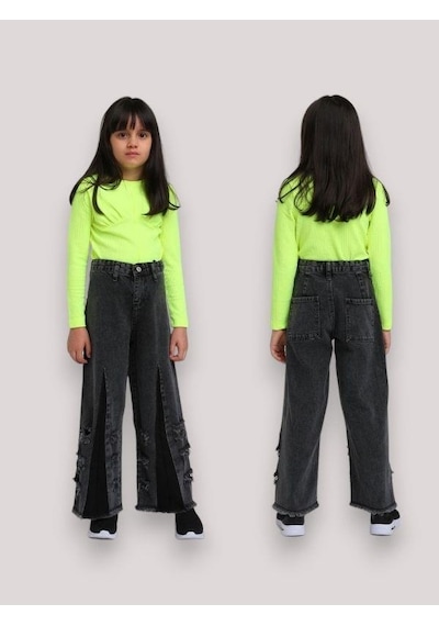 Escabel Kız Çocuk Yüksek Bel Bol Paça Yırtık Detaylı Mom Jean-13660-füme Füme