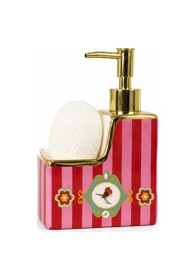 Feride Love Birds Porselen Sabunluk Ve Süngerlik Altın Pompalı, Hediye Süngerli Mutfak & Banyo Düzenleyici, 17 X 8 X 10 Cm Kırmızı - Pembe