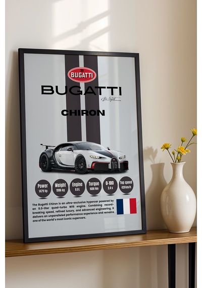 Bugatti Chiron Hiper Araba Tablosu - Teknik Özellikli Otomobil Poster - Çerçeveli Duvar Dekoru Siyah