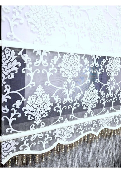 Bbb Simli Boncuklu Damask Desenli Çift Mekanizmalı Tül Stor Perde Ekru Mt1018sb Ekru