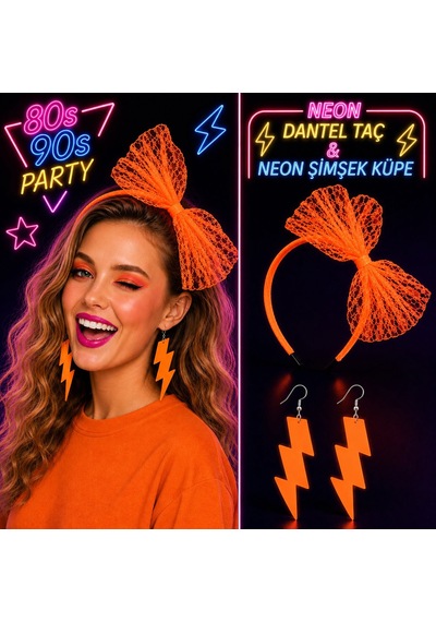 Neon Turuncu Dantel Taç Ve Şimşek Küpe 80'ler 90'lar Parti Seti