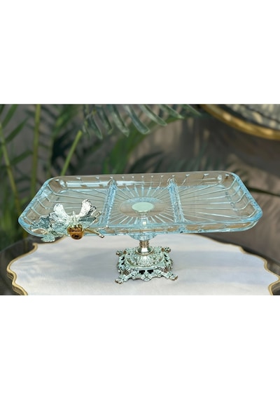 Elta Collection Lüx Hediyelik Metal Ayaklı Gümüş Dikdörtgen Kelebekli Sunumluk Kurabiyelik - Yeni Serisi Gümüş Dikdörtgen Yüksek