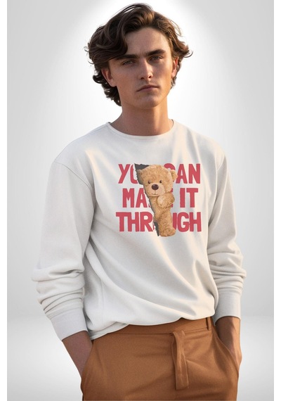 Bunu Alabilirsin Çantadan Çıkan Ayı Unisex Beyaz Baskılı Sweatshirt Beyaz