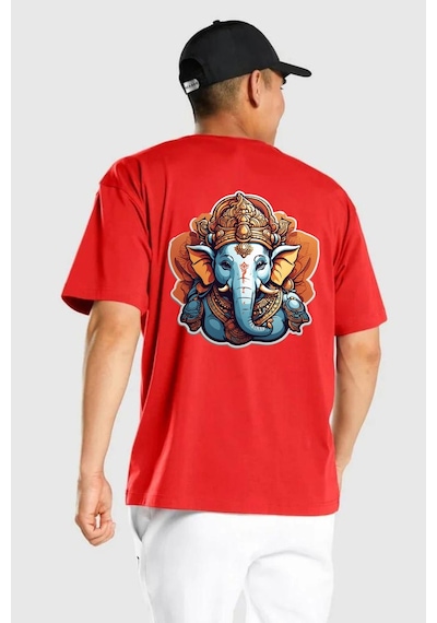 Hindu Fil Bereket Tanrısı Kırmızı Oversize Unisex Ön Ve Sırt Baskılı Tişört Kırmızı