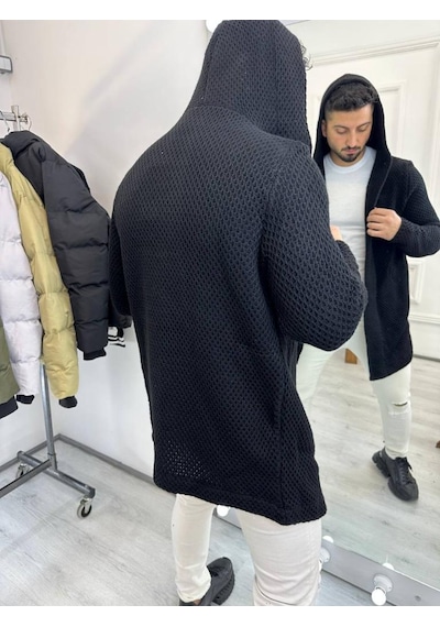 Elku Moda Elkumoda Hırka Kapüşonlu Örgü Triko Uzun Panço Hırka-HIRKA1862