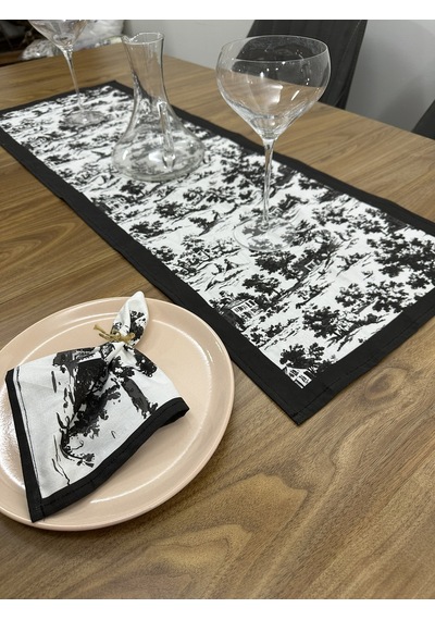 Toile De Jouy Monet Runner 40x110 Cm %100 Pamuk Dijital Baskılı Masa Örtüsü Country Tarzı Fransız Desen Masa Dekoru - Zt710 Siyah
