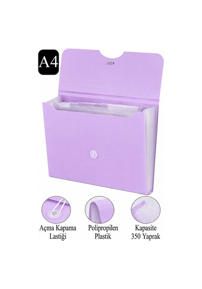 Körüklü Dosya 13 Bölmeli Pastel Lila 1 Adet A4 Akardiyon Dosya Düzenleyici 13 Cepli Lastikli Dosya Belge Düzenleyici