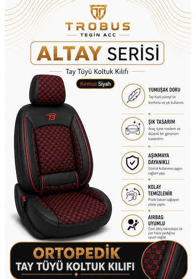 Fiat Tipo 1990-2000 Uyumlu Altay Bel Destekli Tay Tüyü Siyah Kırmızı Koltuk Kılıfı Siyah Kırmızı