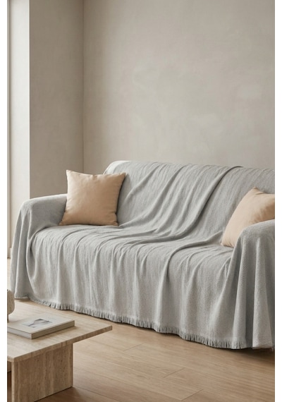 İskandinav Dokulu Pamuklu Saçaklı Koltuk Örtüsü Ve Koltuk Şalı Kaymaz Terletmez 180x300 Cm Açık Gri
