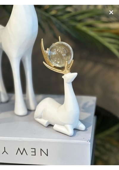 Elta Collection Dekoratif Beyaz Geyik Biblo 3 Lü Set Gold Boynuzlu Kristal Toplu Ev Aksesuarı