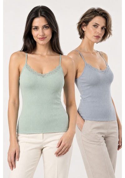 Loule Kadın 2'li Dantel Detaylı İnce Askılı Ribana Atlet Yeşil-mavi&gri Çok Renkli