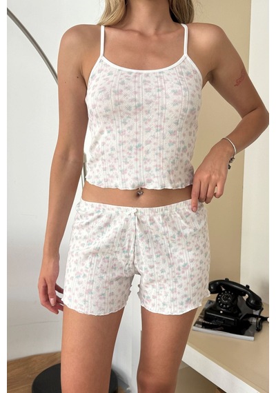 Giysa Kadın Askılı Çiçek Desenli Şortlu Pijama Takımı Beyaz Mini Çiçek - 3300