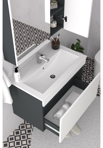 Teta Home Mersin 65 Cm Mdf Banyo Dolabı Seti Antrasit - Beyaz Teta Home Mersin 65 Cm Mdf Banyo Dolabı Seti Antrasit - Beyaz