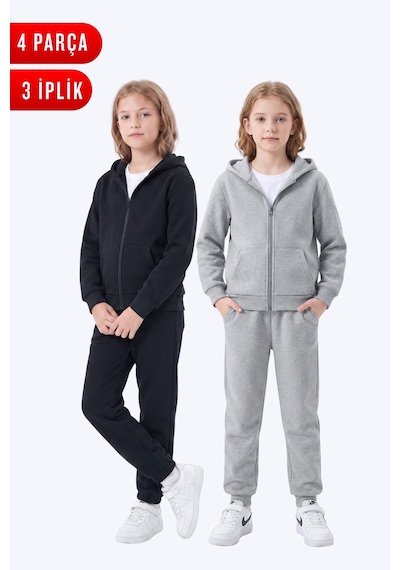 Panios Kids 3 İplik Düz Kız Çocuk Fermuarlı Kapüşonlu 2'li Eşofman Takımı 4 Parça Siyah-gri