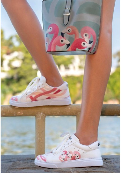 Kadın Vegan Deri Beyaz Sneakers - Pink Paradise Tasarım Çok Renkli