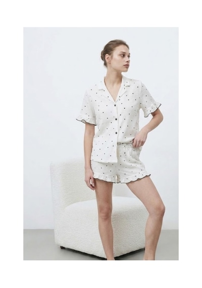 Fit Women Kadın Premium Fırfırlı Beyaz Pijama Takımı