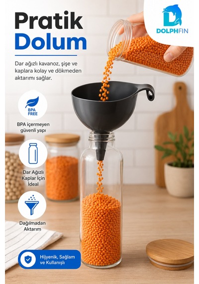 Plastik Mutfak Hunisi Geniş Ağızlı Saplı Sıvı Kuru Gıda Aktarma Hunisi Siyah Bpa İçermez