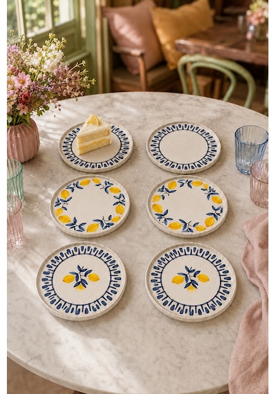 Mavi Limon 6 Lı Seramik Pasta Ve Servis Tabağı Seti Stackable 20 Cm Limon Desenli Akdeniz Sofra Takımı Beyaz