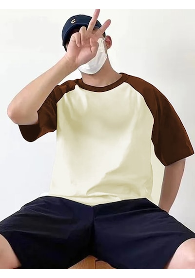 Startmore Unisex Pamuk Bisiklet Yaka Oversize T-shirt Bej