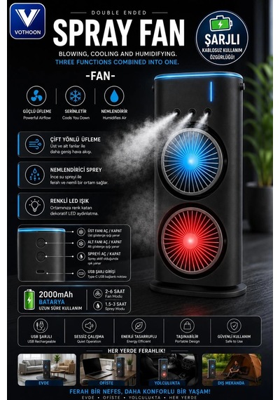 Vothoon Çift Başlıklı Sprey Fan Nemlendirici Ve Renkli Led Işıklı