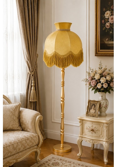 Büyük Boy Taçlı Gold Kadife Başlık Gold Ahşap Ayaklı Lambader Vintage Model 170x50cm