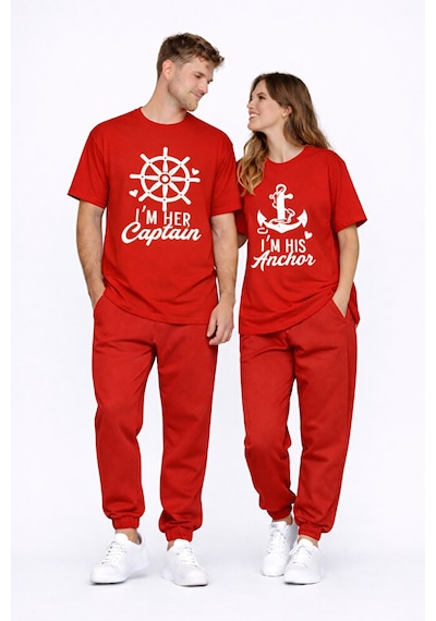 Sevgili Kombini Oversize Çift Tişört Unisex Captain Anchor Baskıl Kırmızı