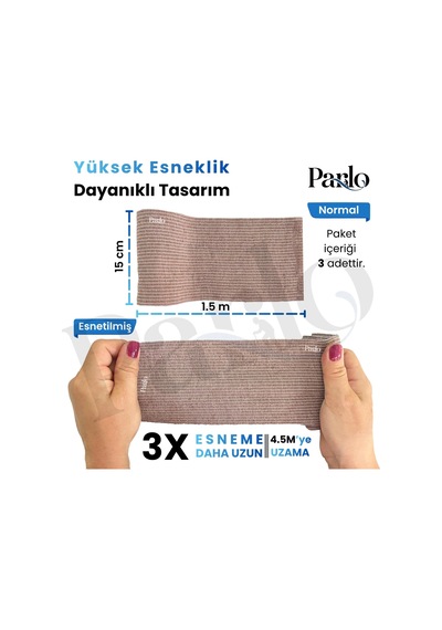 Elastik Bandaj 15 Cm X 1,5 M 3'lü Set %300 Esnek, 4,5 M'ye Kadar Uzayan, Metal Kancalı Destek Ve Sargı Bandajı