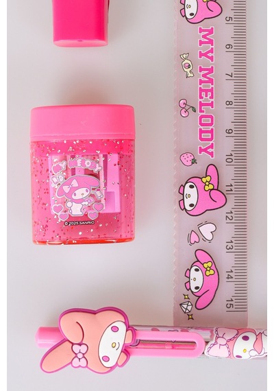 "dekomus Islak Mendil Hediyeli" Lisanslı My Melody 6 Parça Kırtasiye Seti Pods/kulaklık Tasarımlı Kalemtraş,cetvel,uçlu Kalem,ruj Silgi Altın