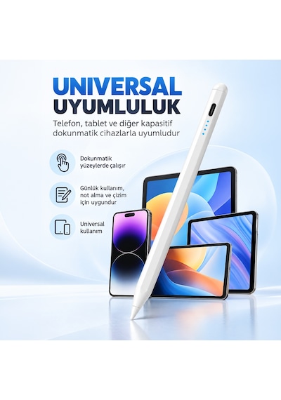 Samsung Galaxy A11 Plus X230 Uyumlu Type-c Şarjlı Aktif Stylus Dokunmatik Ekran Kalemi Not & Çizim Beyaz