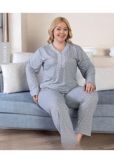 Derya Kadın Büyük Beden Dantel Yaka Bambu Uzun Kol İnce Pijama Takımı 8116g - 1 Adet Gri
