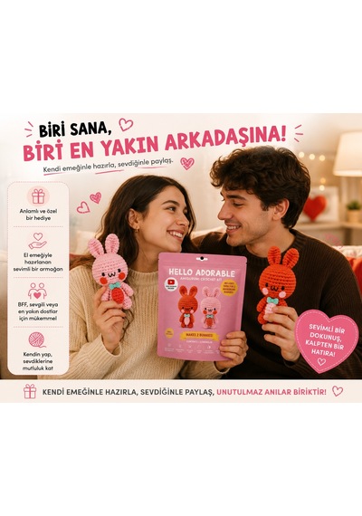 Bakgelal Hello Adorable Tavşan Dostlar Amigurumi Yapım Seti 2 Tavşan Figürü, Tığ Ve İplik Dahil