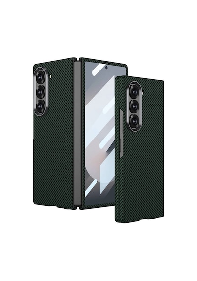 Samsung Uyumlu Galaxy Z Fold 6 Kılıf Kamera Korumalı Karbon Fiber Tasarımlı Arka Yüzey Zore Kıpta Karbon Kapak Koyu Yeşil