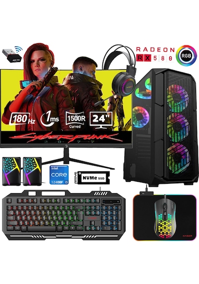 Xaser XSR522 i5-12400F 16 GB 512 GB M.2 NVMe SSD RX580 24" Free Dos Masaüstü Oyuncu Bilgisayarı