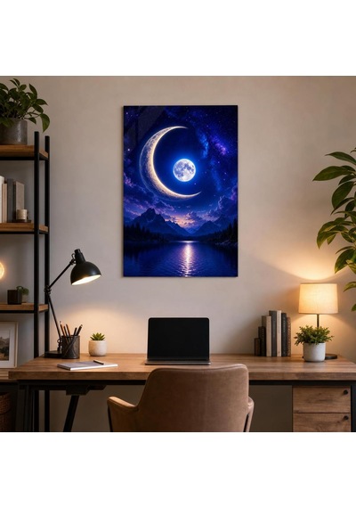 Ay Ve Galaksi Desenli Baskılı Cam Tablo Uv Baskı Dekoratif Duvar Tablosu