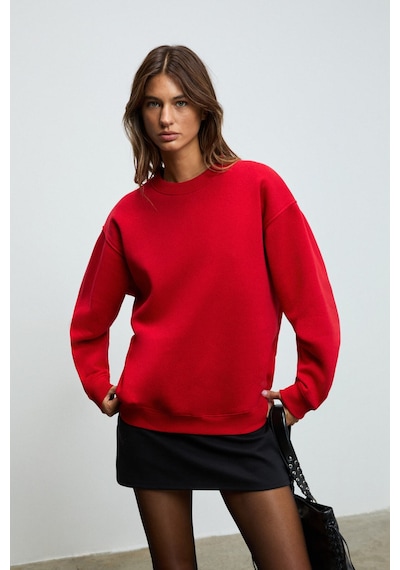 Grımelange KARIUS Kadın Organik Pamuklu İçi Polarlı Oversize Yuvarlak Yakalı Kırmızı Sweatshirt