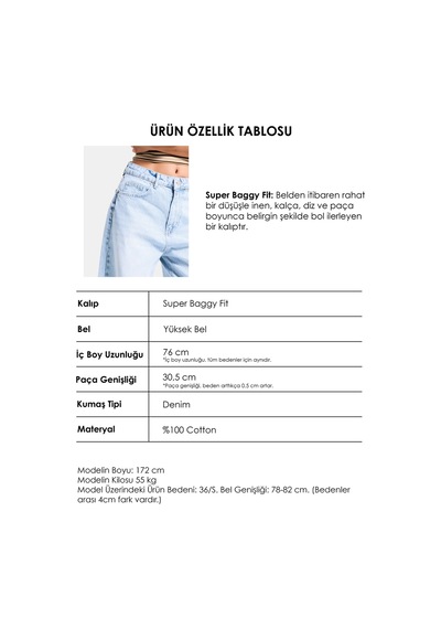 Itsbasic Kadın Ice 4s6-3 Süper Baggy Fit Bol Kesim Orta Bel Denim Jean Buz Mavi