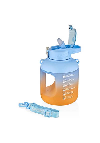 Vagonlife 1100 Ml Çift Renk Pipetli Taşıma Askılı Ve Kulplu Motivasyon Su Matarası Sticker Hediyeli Vgn2302-açık Mavi