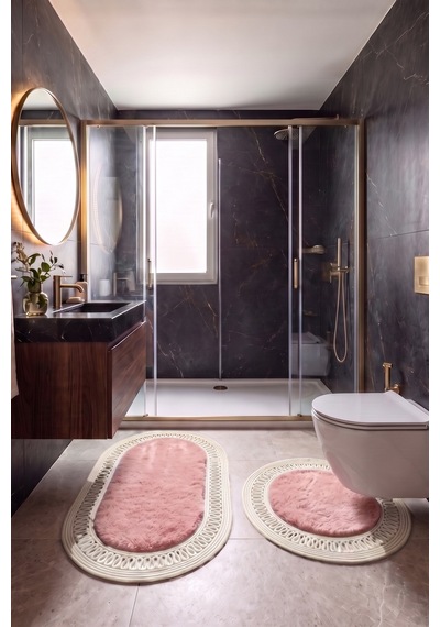 Banyo Paspası Takımı 60x100+60x60 Cm İç Trikot Pembe & Krem