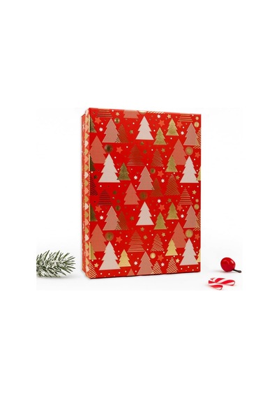 Yılbaşı Hediye Kutusu 27x19x7 Cm Kırmızı Noel Temalı Kapaklı Hediye Kutusu / Dayanıklı Karton, Altın Deta