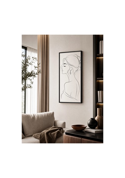 Minimalist Kadın Silüeti Siyah Çerçeveli Ahşap Tablo 25x60 Cm Uv Baskı Modern Dekoratif Sanat