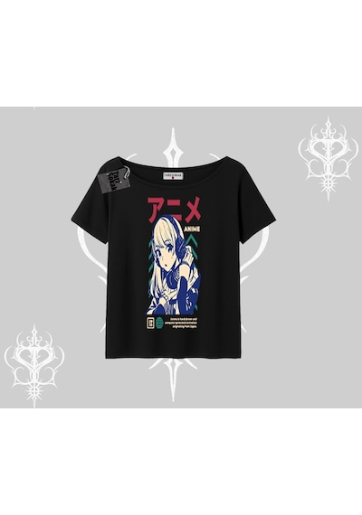 Startmore Startmore Kayık Yaka Tshirt Anime Kız Desenli Japon Tarzı Siyah