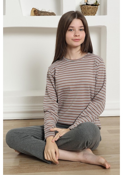 Akbeniz Kız Çocuk Penye Pijama Takım 20424 Füme