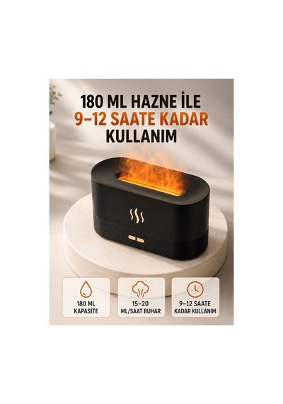 180 Ml Alev Efektli Aroma Difüzörü Ultrasonik Buharlı Aromaterapi Cihazı Tek Renk Tek Renk
