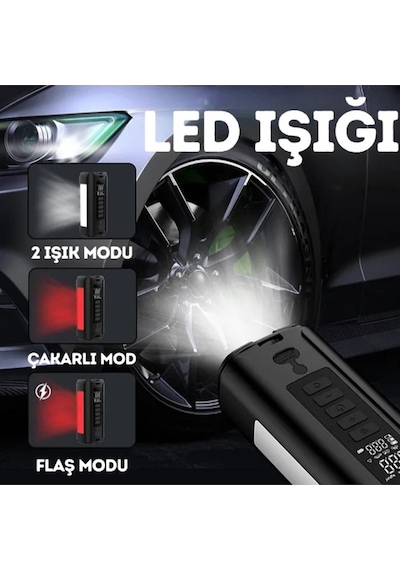12000mah Led Işıklı Akü Takviyeli Powerbankli Araç Kompresörü