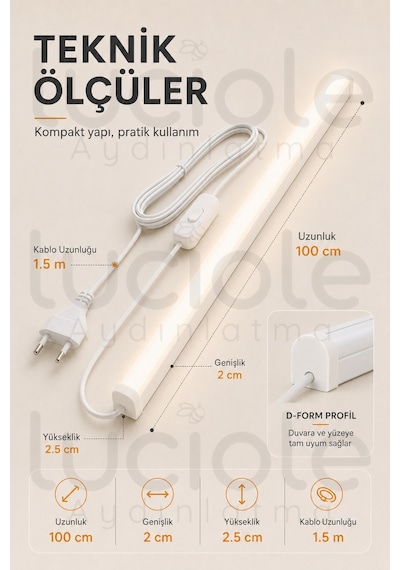 220v Günışığı Led Bar 100 Cm Fişli Anahtarlı Yapışkanlı Tezgah Altı Dolap İçi Aydınlatma