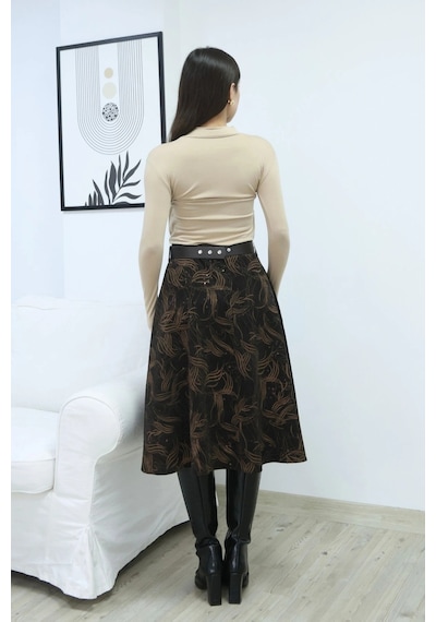 Lodmela Baskılı Ve Kemerli Kadife Etek 6069-kahve/camel Kahve/camel