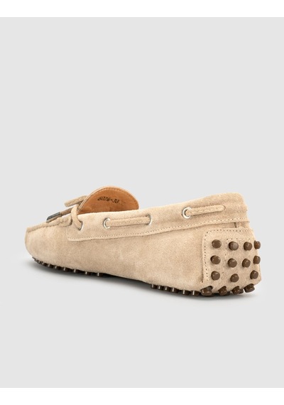 Bej Hakiki Deri Bağcıklı Günlük Loafer Mokasen Kadın Ayakkabı