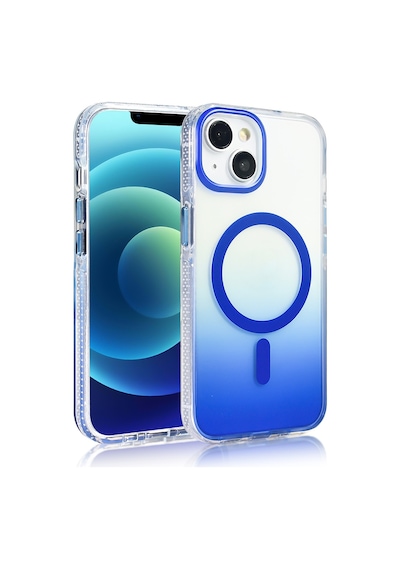 Apple Uyumlu iPhone 14 Kılıf Transparan Renk Geçişli M-safe Şarj Özellikli Toros Kapak Mavi