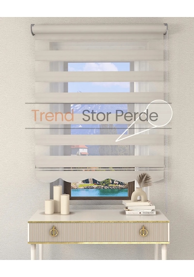 Geniş Plise Beyaz Etek Dilimli Zebra Stor Güneşlik Perde Kırık Ekru